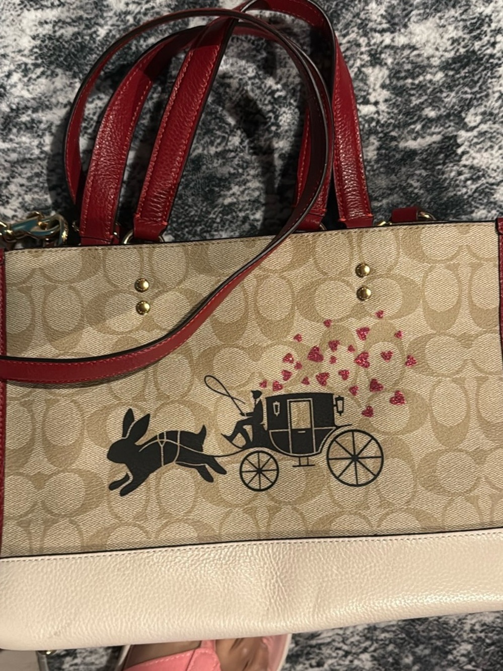Coach Beige Signature Canvas Tote with Red Trim and Heart Graphic